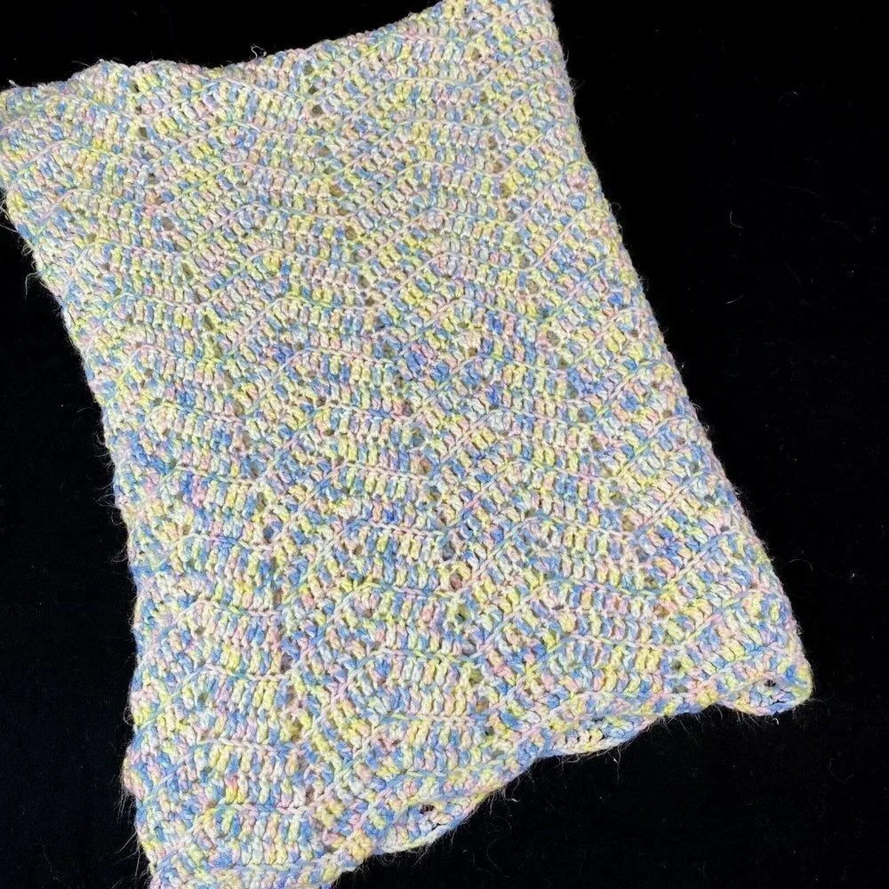Vintage Hand Crocheted Afghan Chair Throw Baby Blanket 53x36 Pastel Boho Cottage